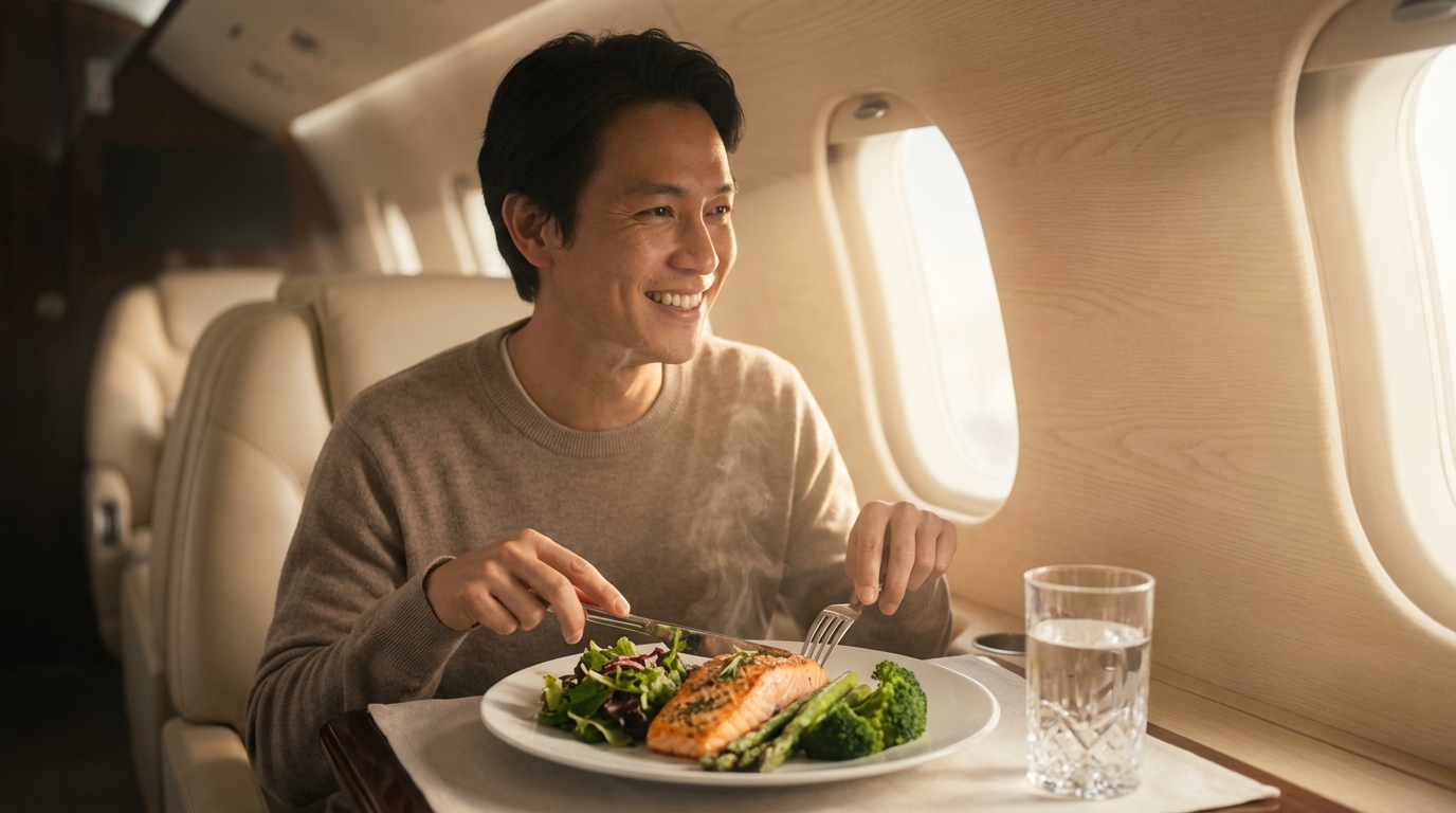 Relaxed male traveler enjoying a colorful, healthy gourmet meal while seated in a luxurious private jet cabin, with natural light streaming through the window and wellness-focused details visible on the table
