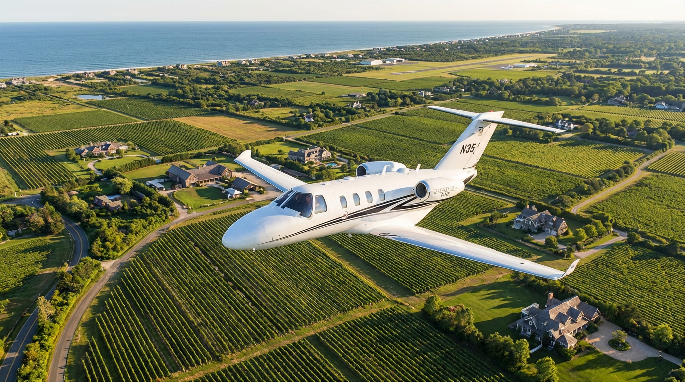 Small private airplane parked on a runway with lush green vineyards stretching into the distance near Hamptons-area airports.