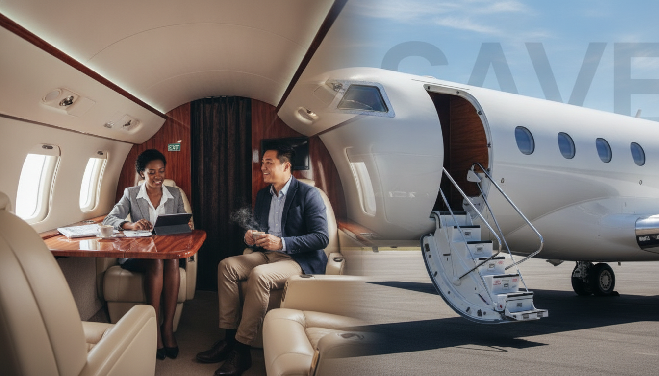 Business professionals inside private jet cabin
