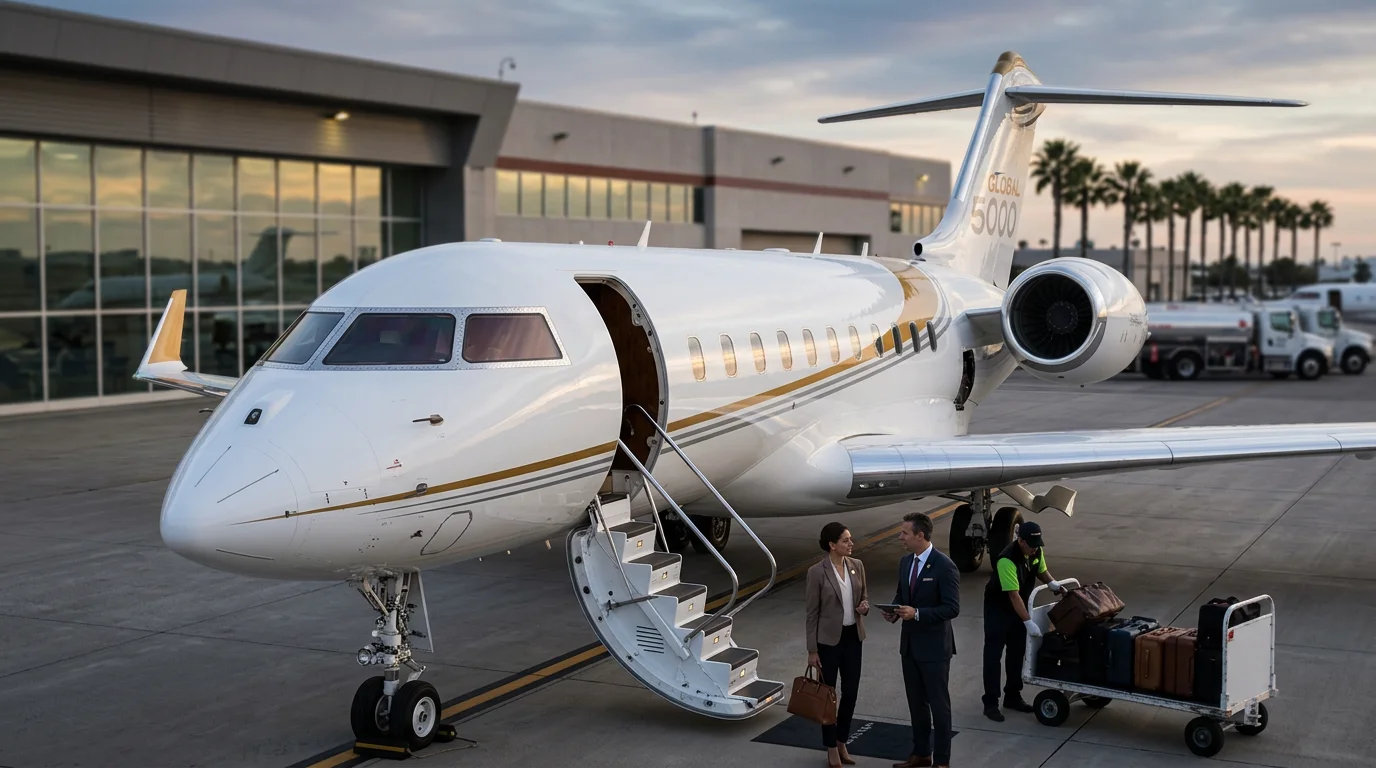 Passenger standing by a private jet stairs ready to board