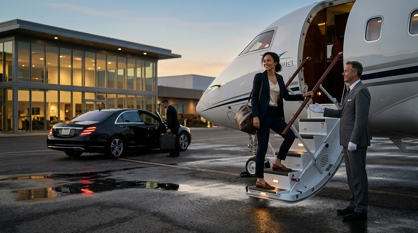 Professionally dressed woman stepping onto a private charter jet after arriving on the tarmac by luxury limo at Vitesse Jet Charters