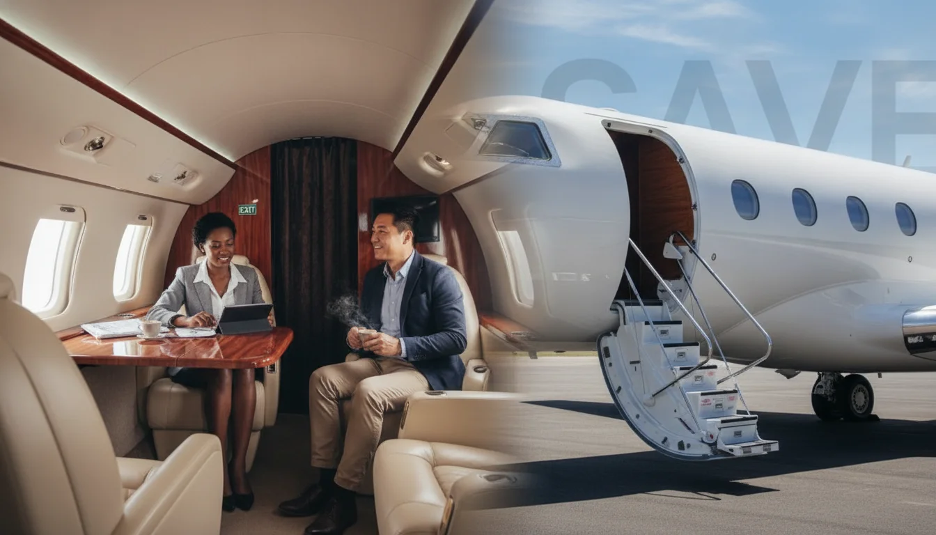 Split image showing the inside cabin and outside exterior of a private jet charter.